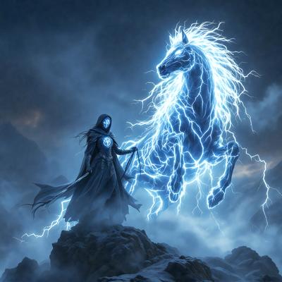 The primary subject of the image is a person, possibly a woman, standing on a rocky surface with a horse. The setting appears to be a dark, stormy sky, creating a dramatic atmosphere. The visual style of the image is digital art, with the horse and person depicted in a stylized manner. The dominant colors in the image are dark shades, such as black, grey, and blue, which contribute to the moody and dramatic mood of the scene.